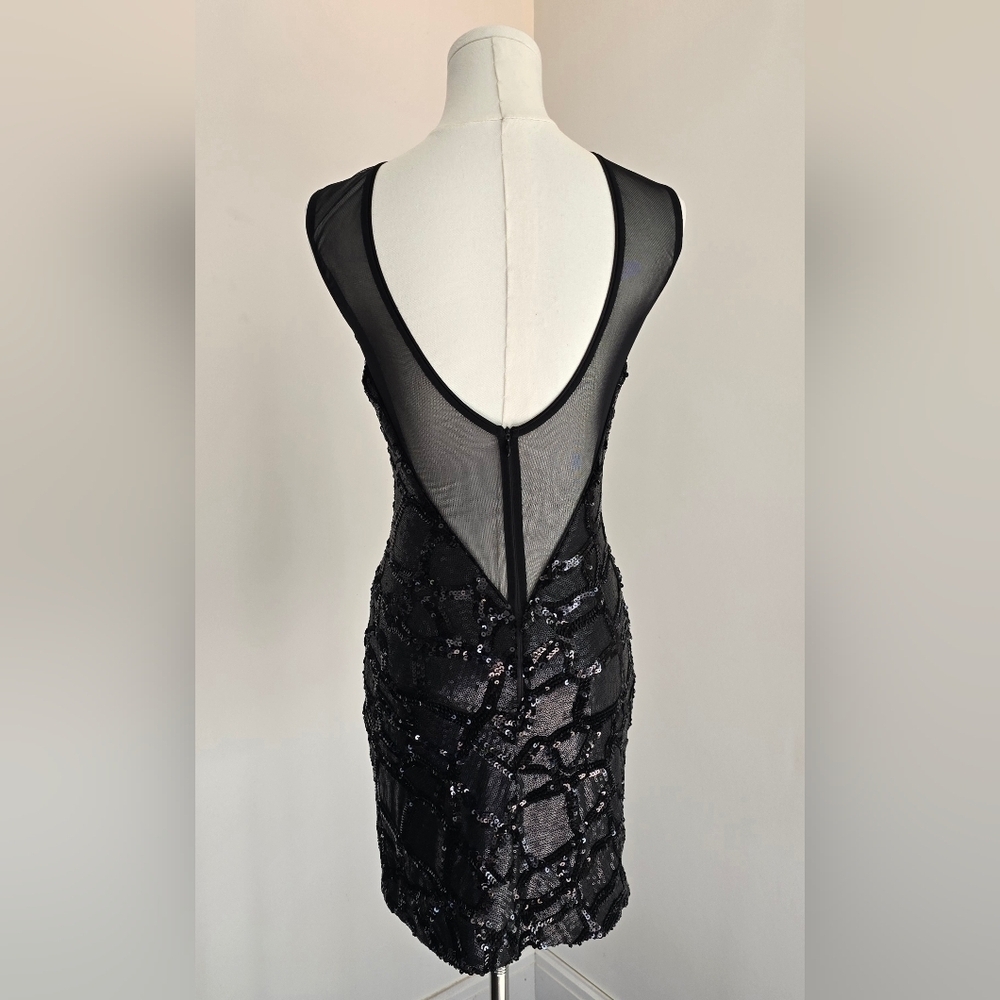 NWT Dress the Population Black Sequin Bodycon Mini Dress Mesh Neckline V Back XS - Picture 8 of 14
